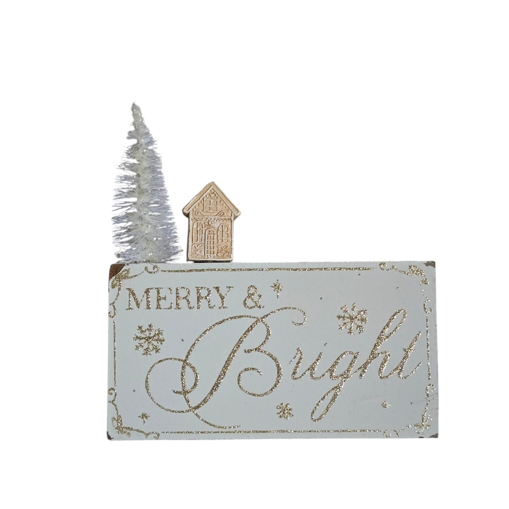 8" Gold Merry & Bright Tabletop Sign White Pine Christmas Tree & Cream Hose
